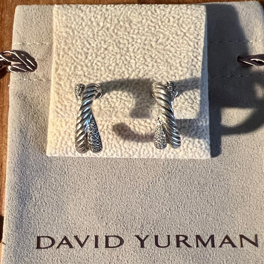 David Yurman Diamond CrossOver Hoop Earrings With Posts 925/SS